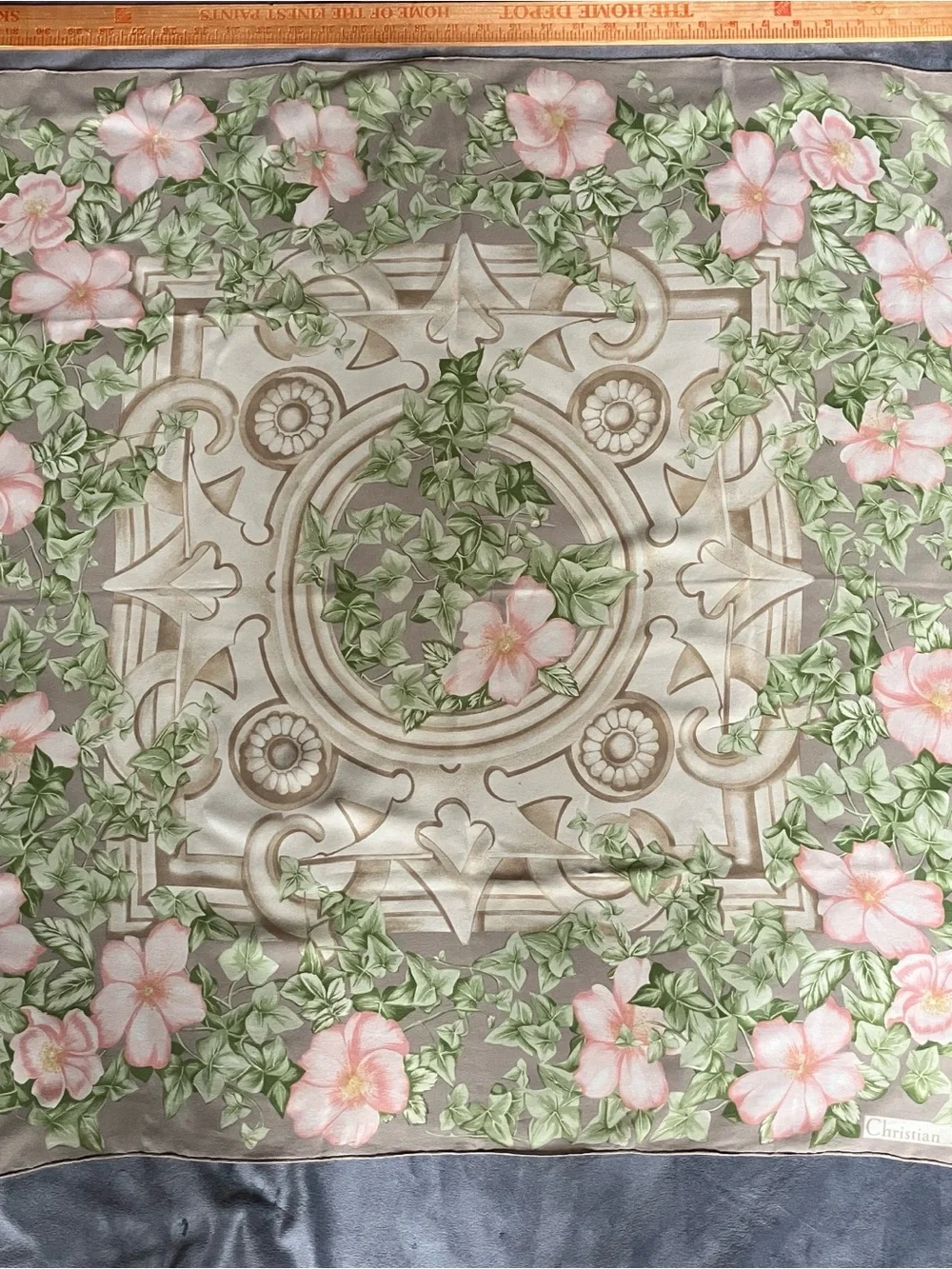Dior Floral Silk Scarf with Pastel Pink and Green